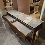 White Marble Console Table with Ribbed Rose Leather Drawers and Gold-Tone Frame